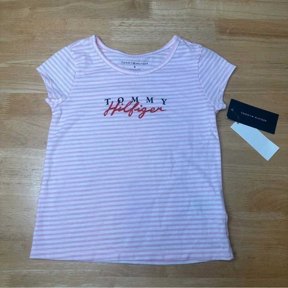 Tommy Hilfiger Girls Size 6 Pink And White Striped Tee NWT